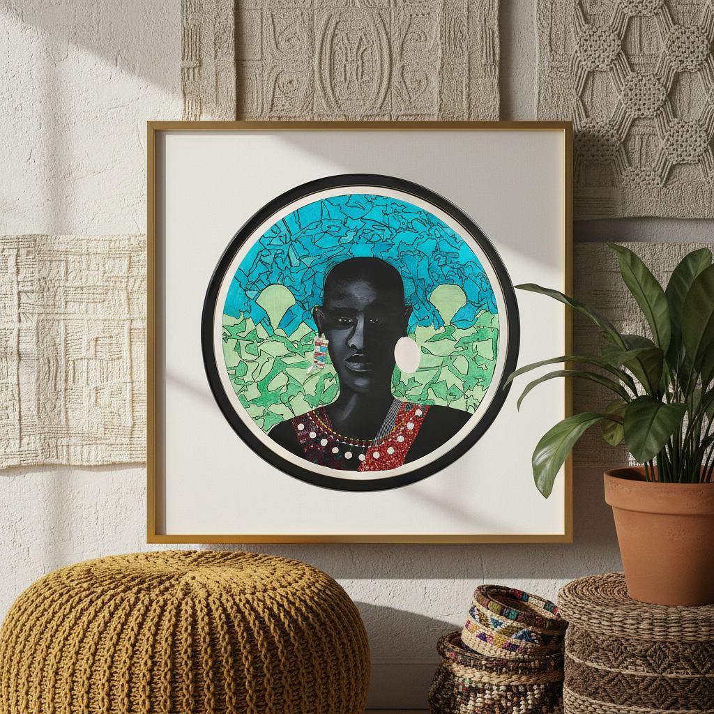 Framed artwork of a stylized portrait with a decorative background, placed on a textured wall with a plant and woven items.