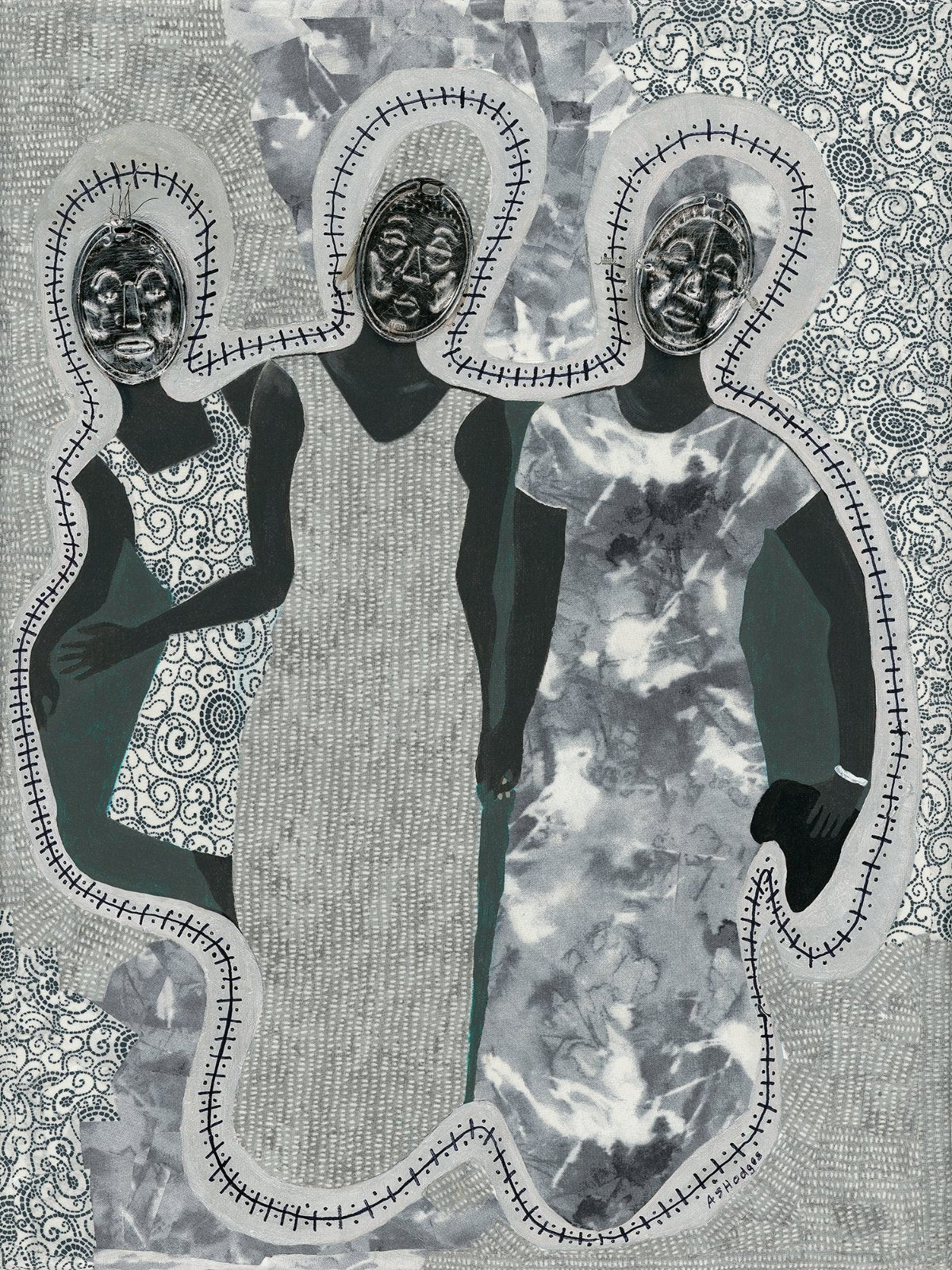 African American art print 'Mirror Mirror' by Antionette Simmons Hodges on Gray Fabric,  depicts 3 woman with Afrocentric faces