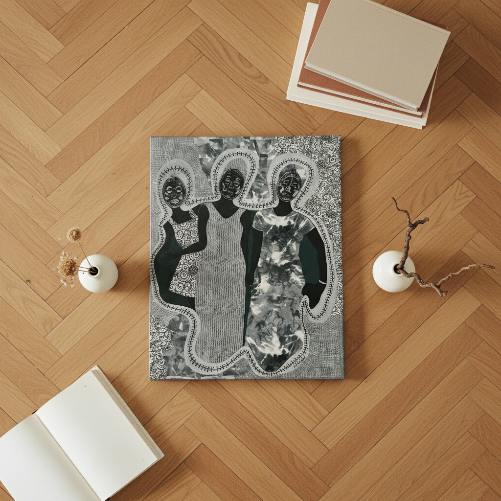 Mirror Mirror canvas print bird's eye view on herringbone floor with ceramics — African mask wall art