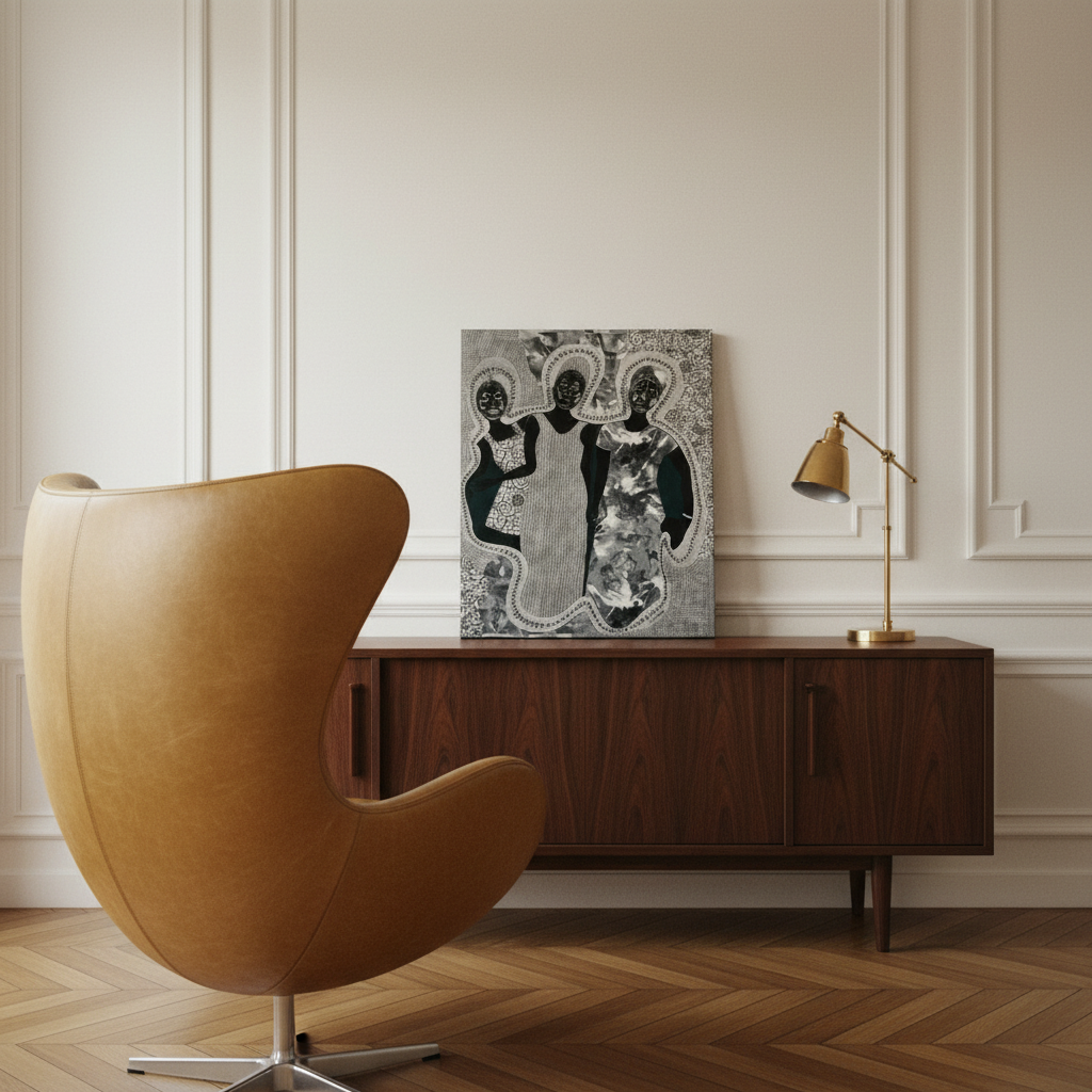 Mirror Mirror canvas print diagonal with Parisian chair in foreground — ancestral mask wall art