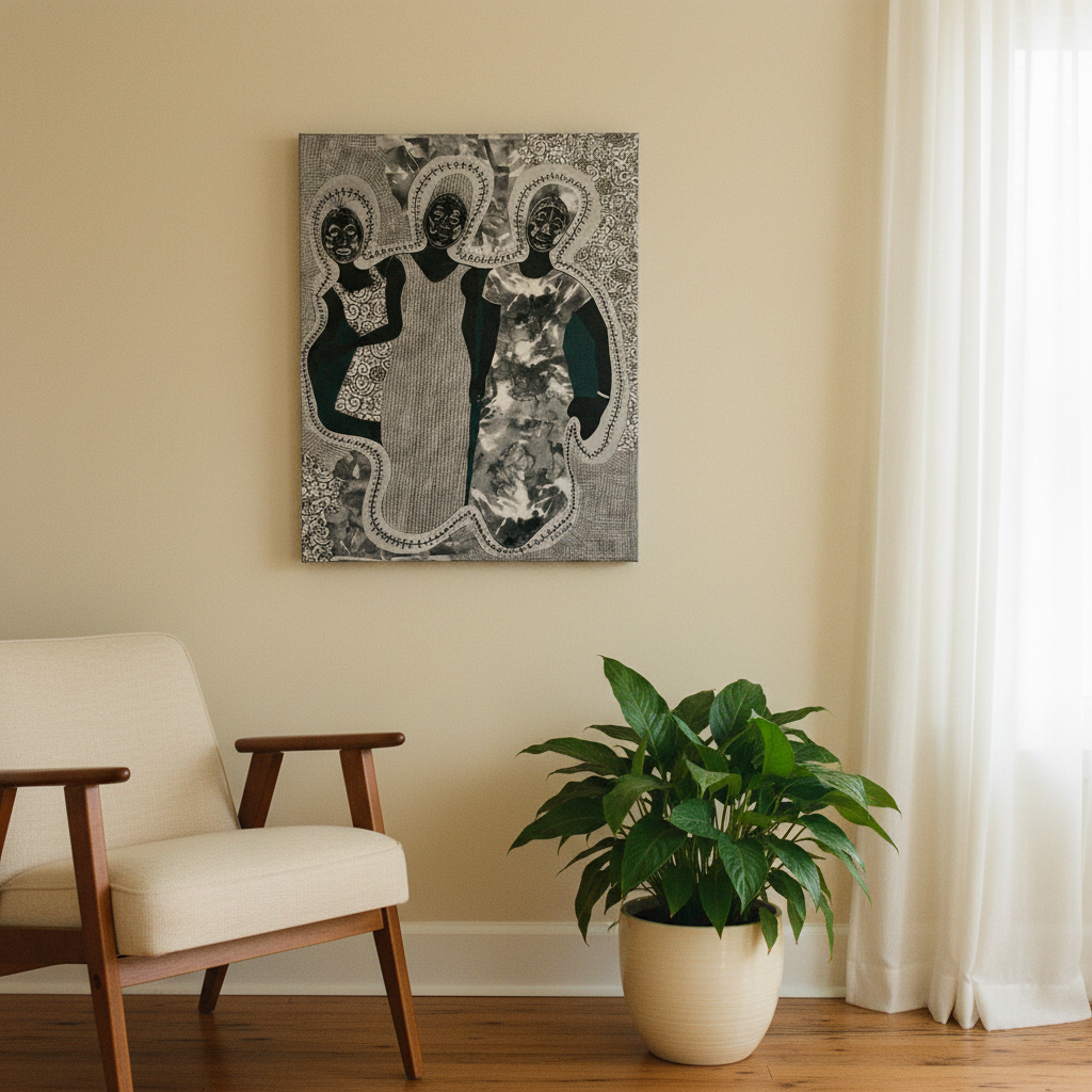 Mirror Mirror canvas print dynamic layered room wall shot — ancestral African mask art on canvas
