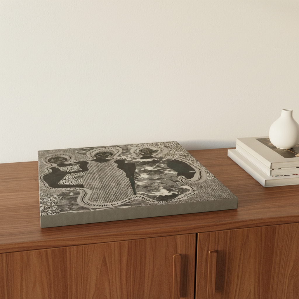 Mirror Mirror canvas print flat on sideboard overhead with books — ancestral African mask art