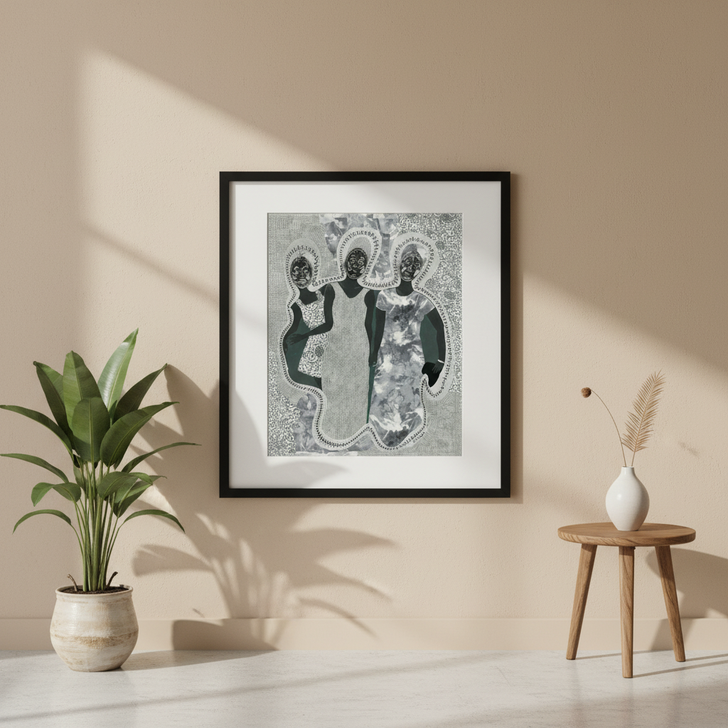 Framed artwork of three figures on a beige wall with a plant and small table in the foreground.