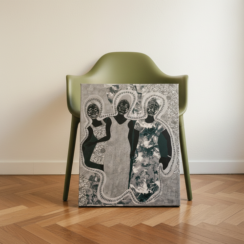 Mirror Mirror canvas print leaning on floor next to olive chair — ancestral African masks wall art