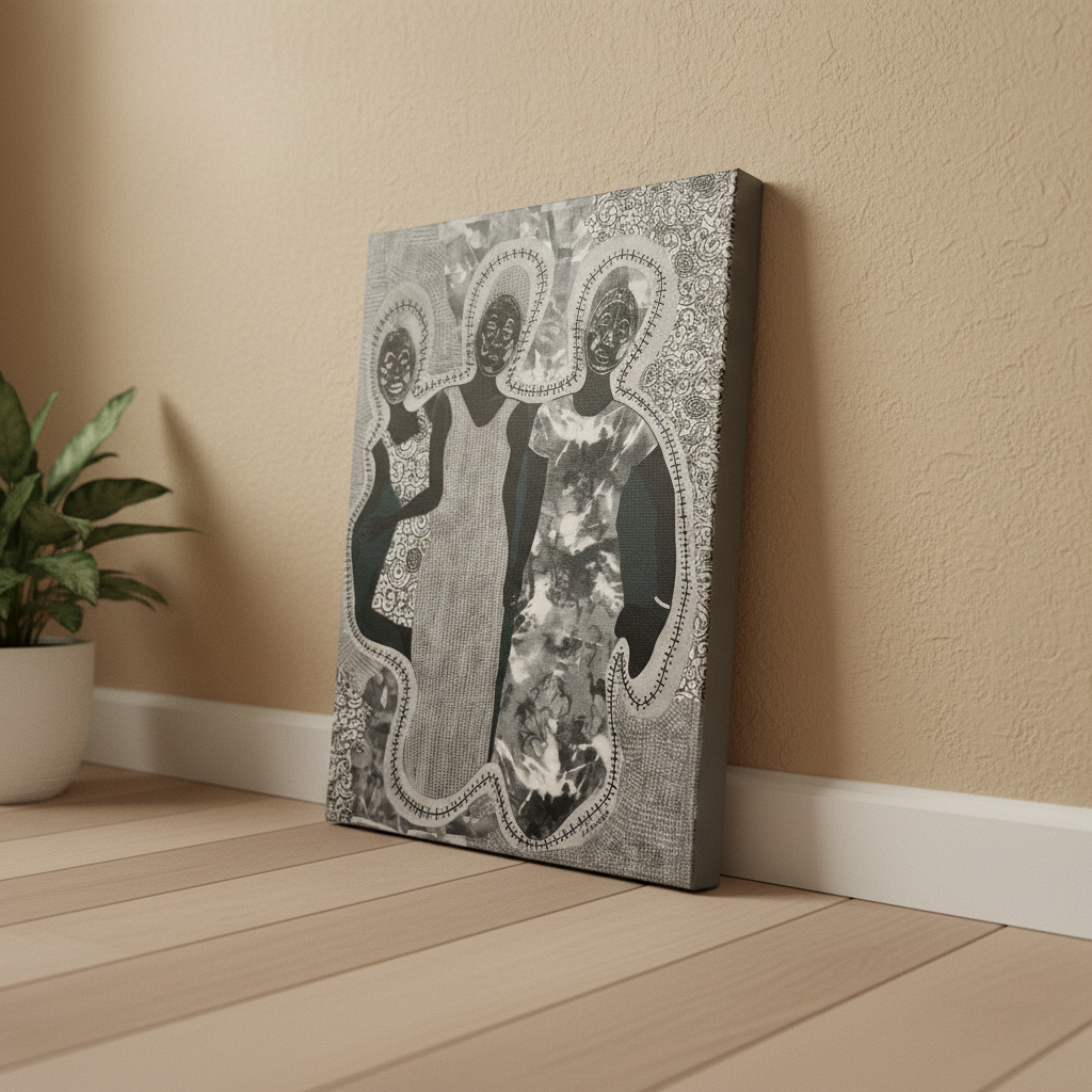 Mirror Mirror canvas print low angle lean with plant — Afrocentric ancestral mask canvas art