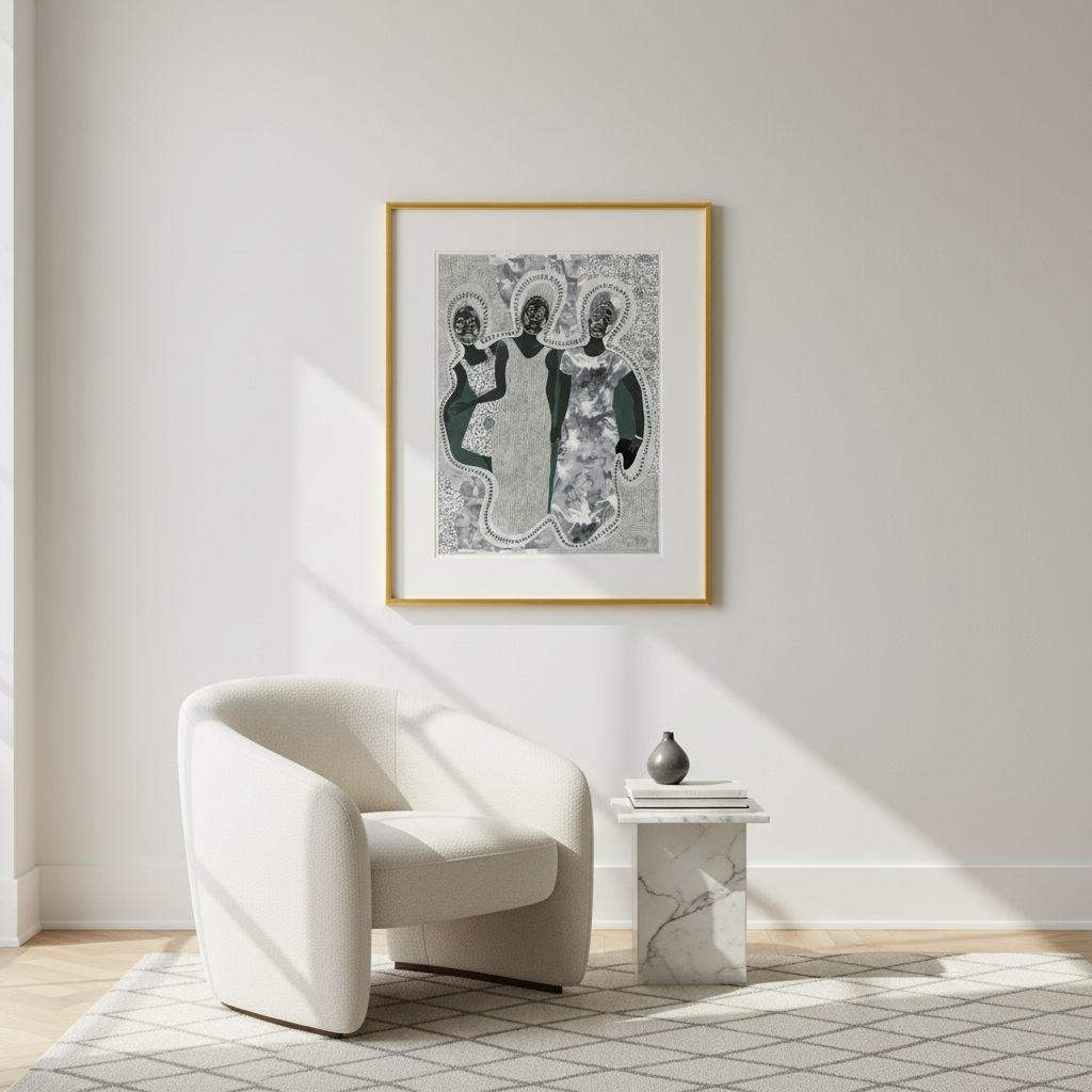 Framed artwork on a wall above a white armchair in a minimalistic room.