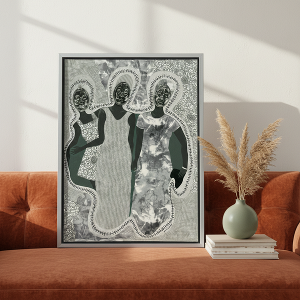 Mirror Mirror framed canvas print silver frame with terracotta sofa and pampas styled — mask art