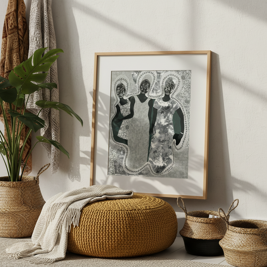 Framed artwork on a wall with a woven ottoman and decorative baskets in a room.