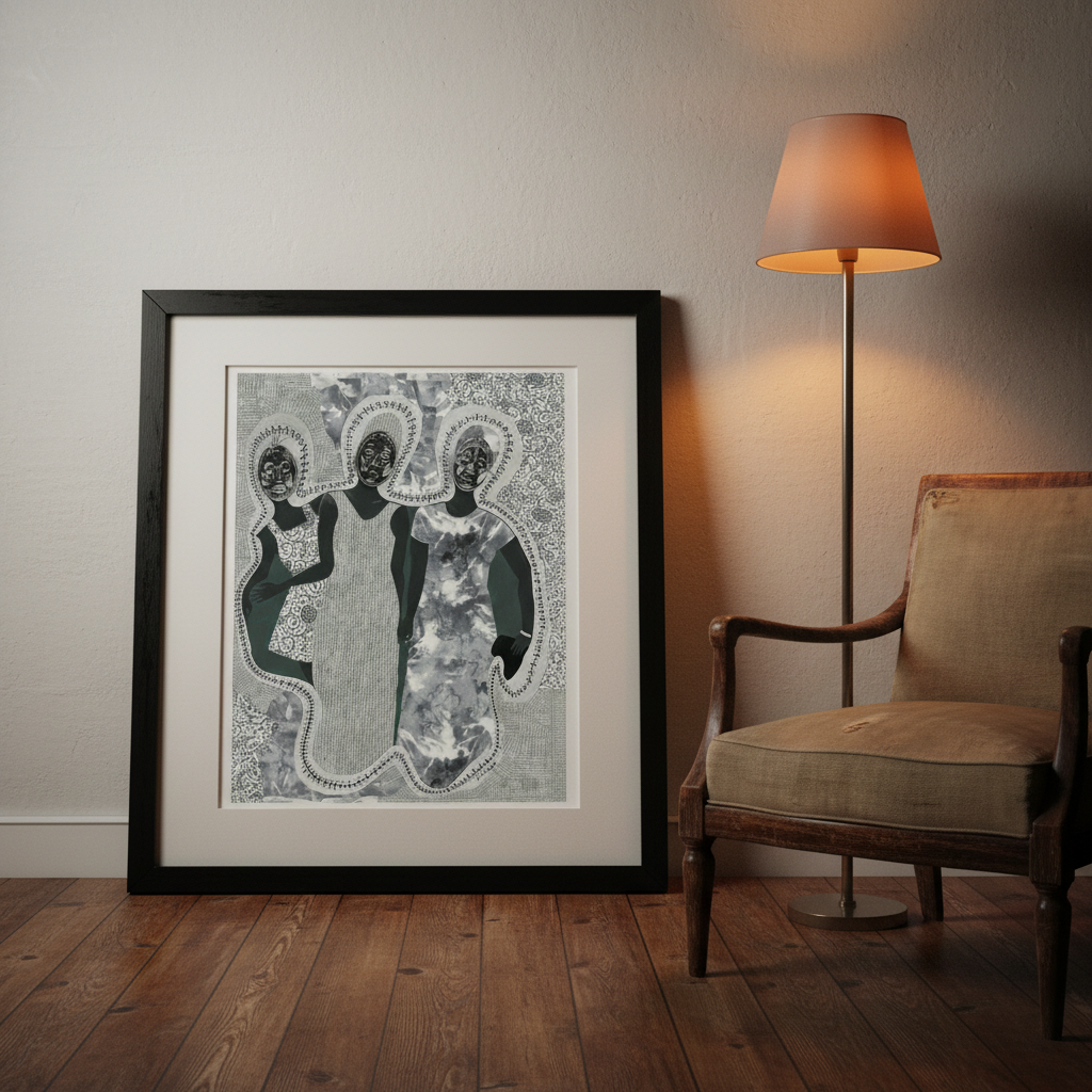 Framed artwork of two figures on a wall next to a chair and lamp.