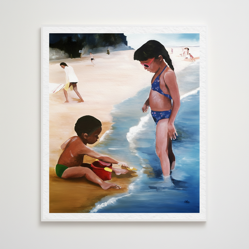 Black Children Beach Art Print | African American Family Wall Decor