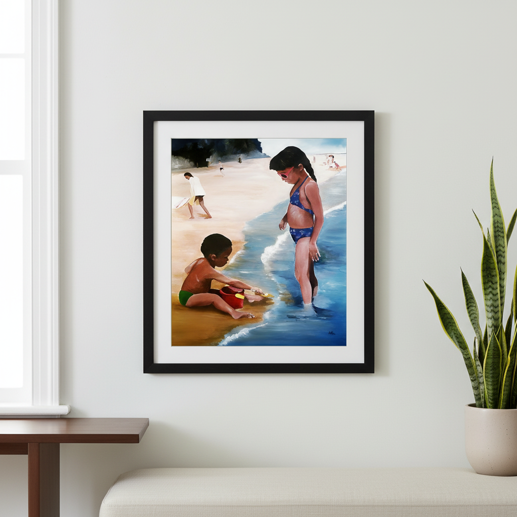 Black Children Beach Art Print | African American Family Wall Decor