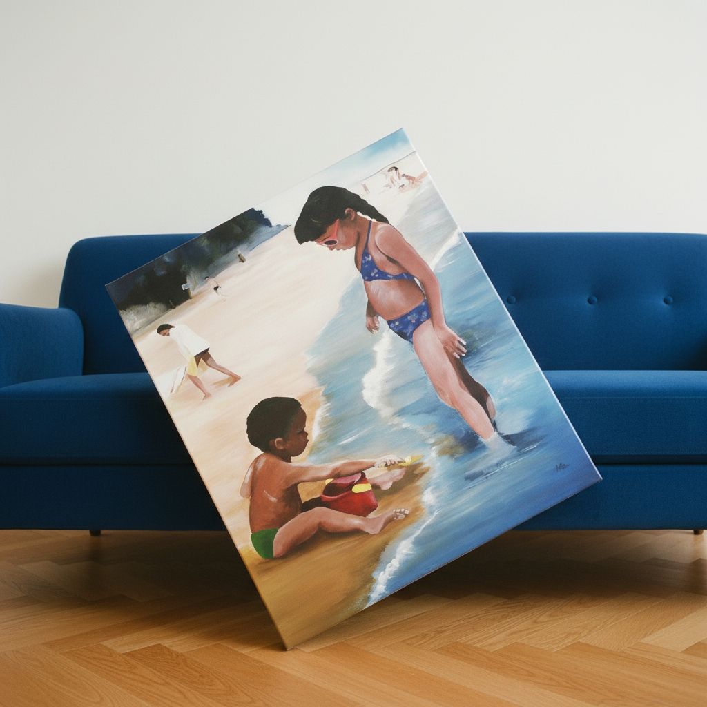 Mommy Said canvas print Dutch tilt against cobalt sofa — Black children beach coastal canvas art