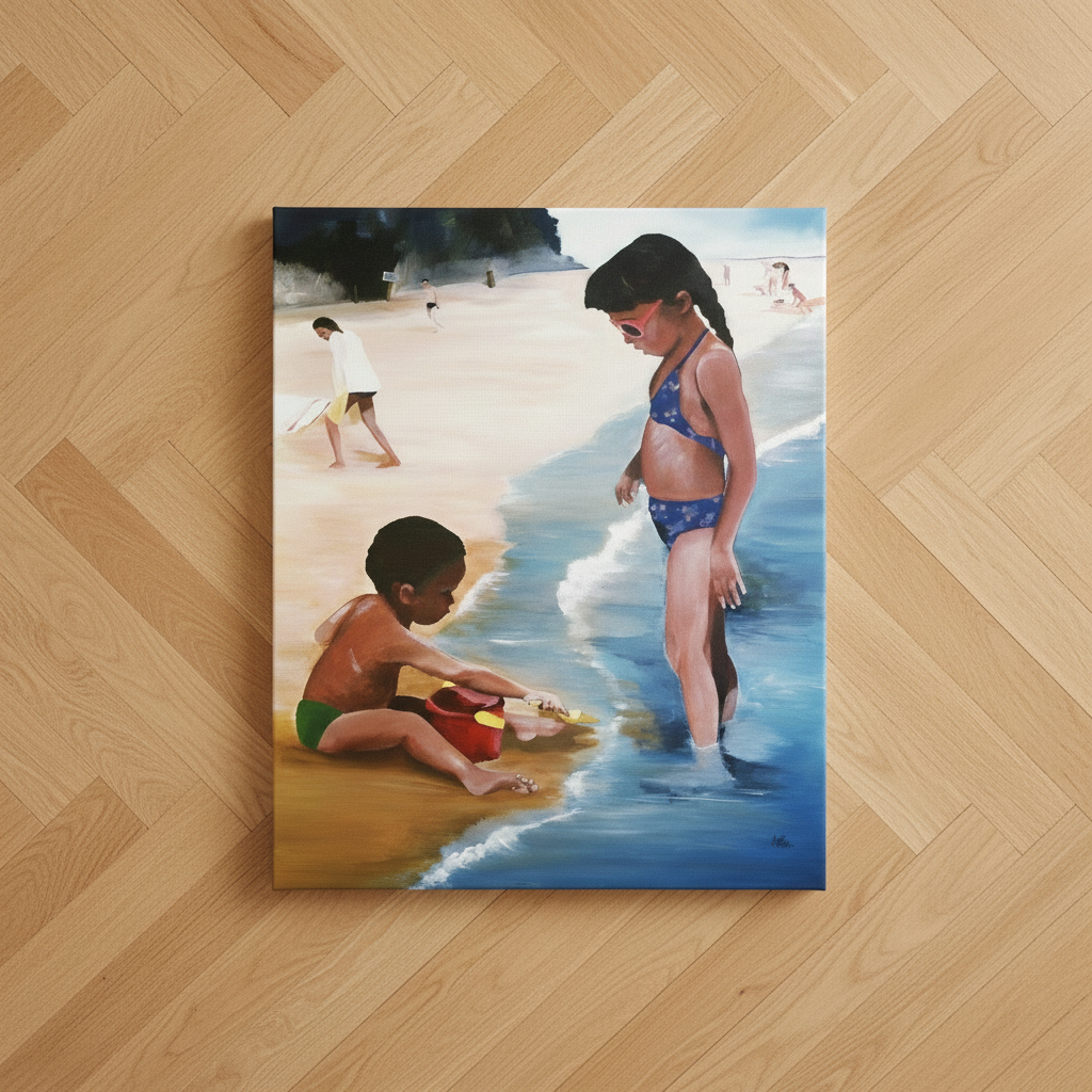 Mommy Said canvas print bird's eye view on herringbone floor — Black children beach canvas art