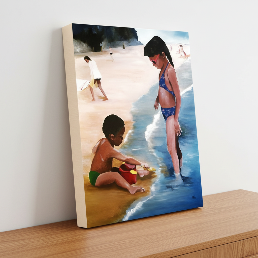 Black Children Beach Art Print | African American Family Wall Decor