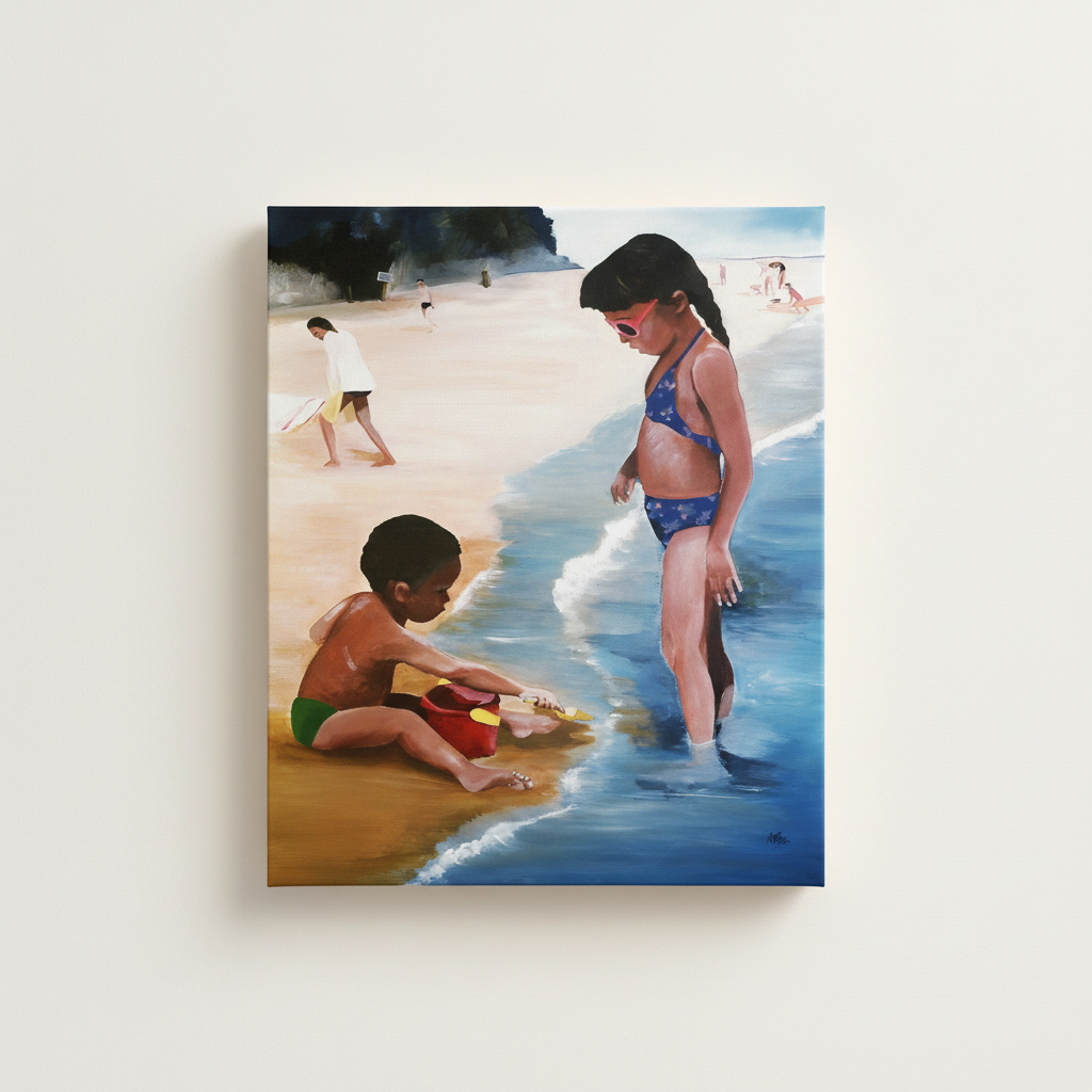 Mommy Said stretched canvas print — full artwork image of Black children at the beach on canvas