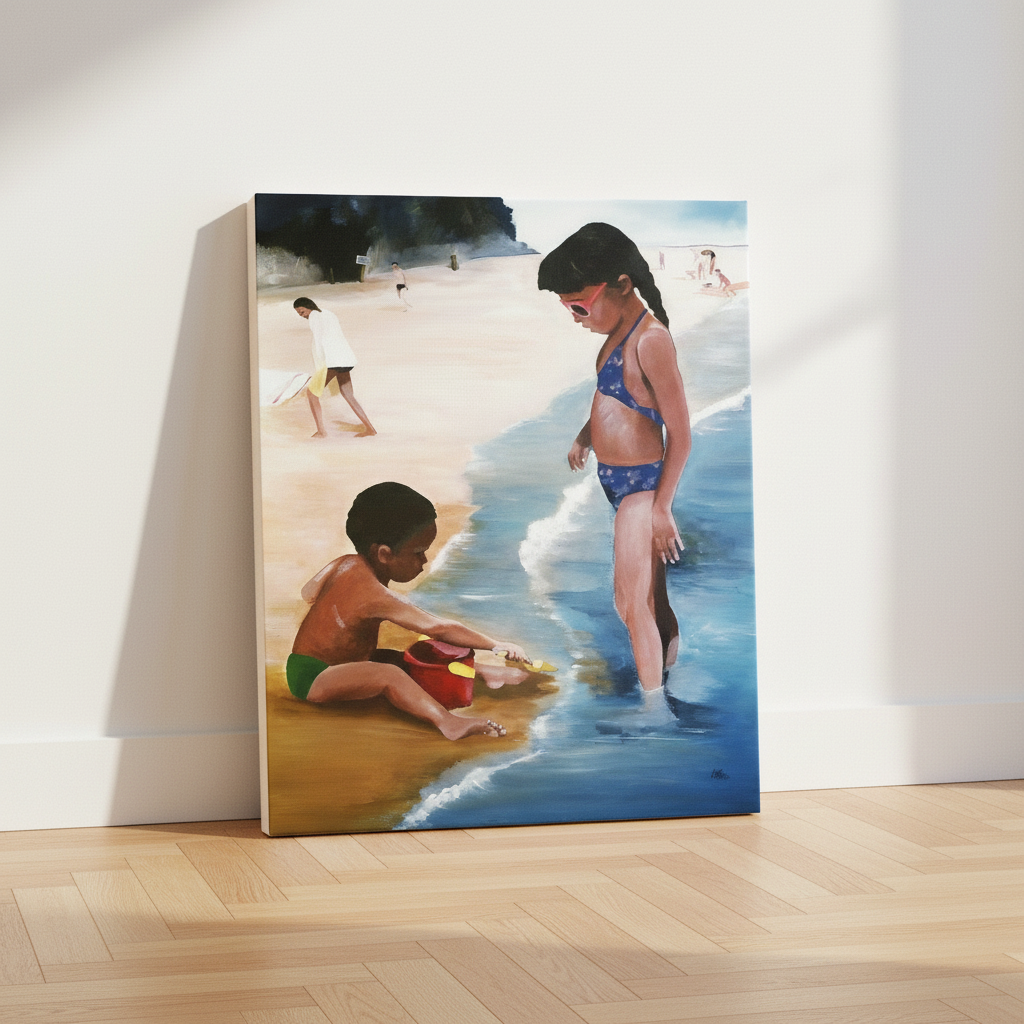 Mommy Said canvas print leaning on floor with cream side visible — Black children beach art on canvas