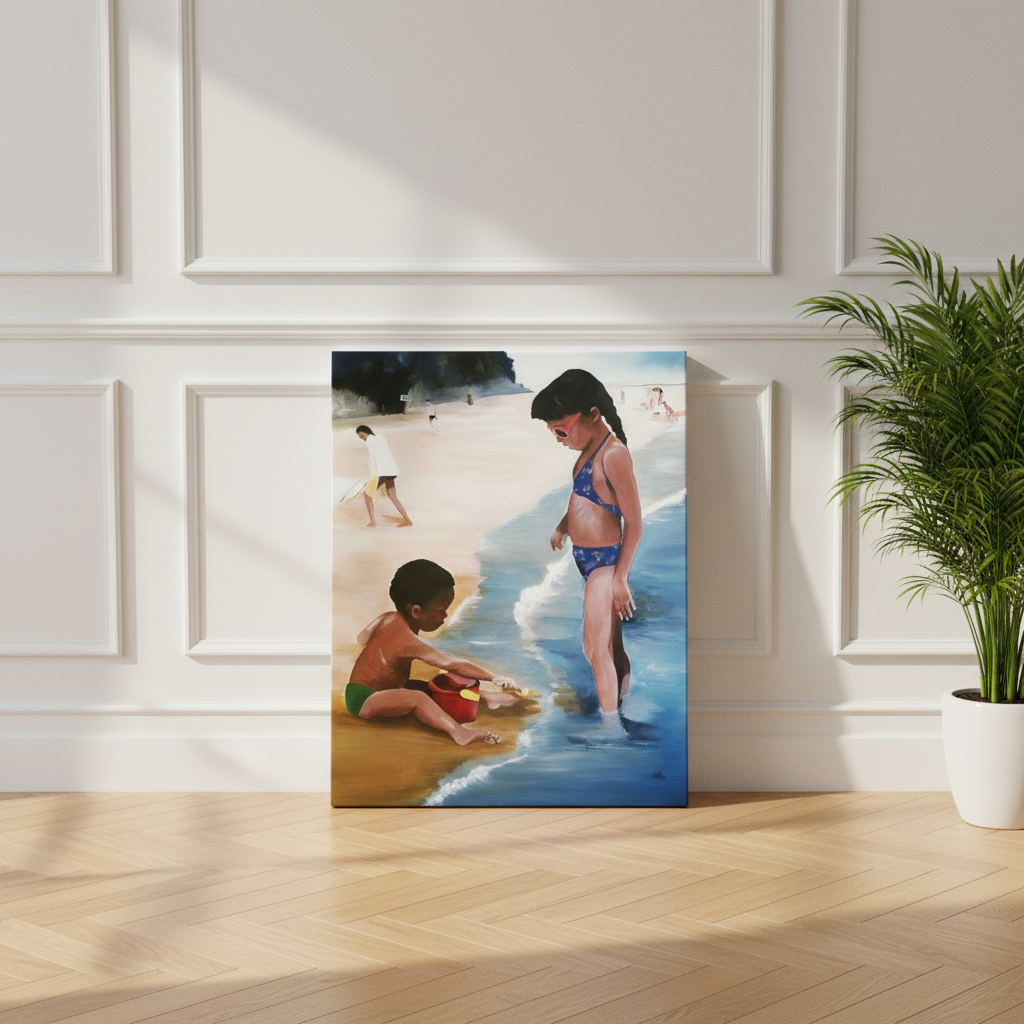 Black Children Beach Art Print | African American Family Wall Decor