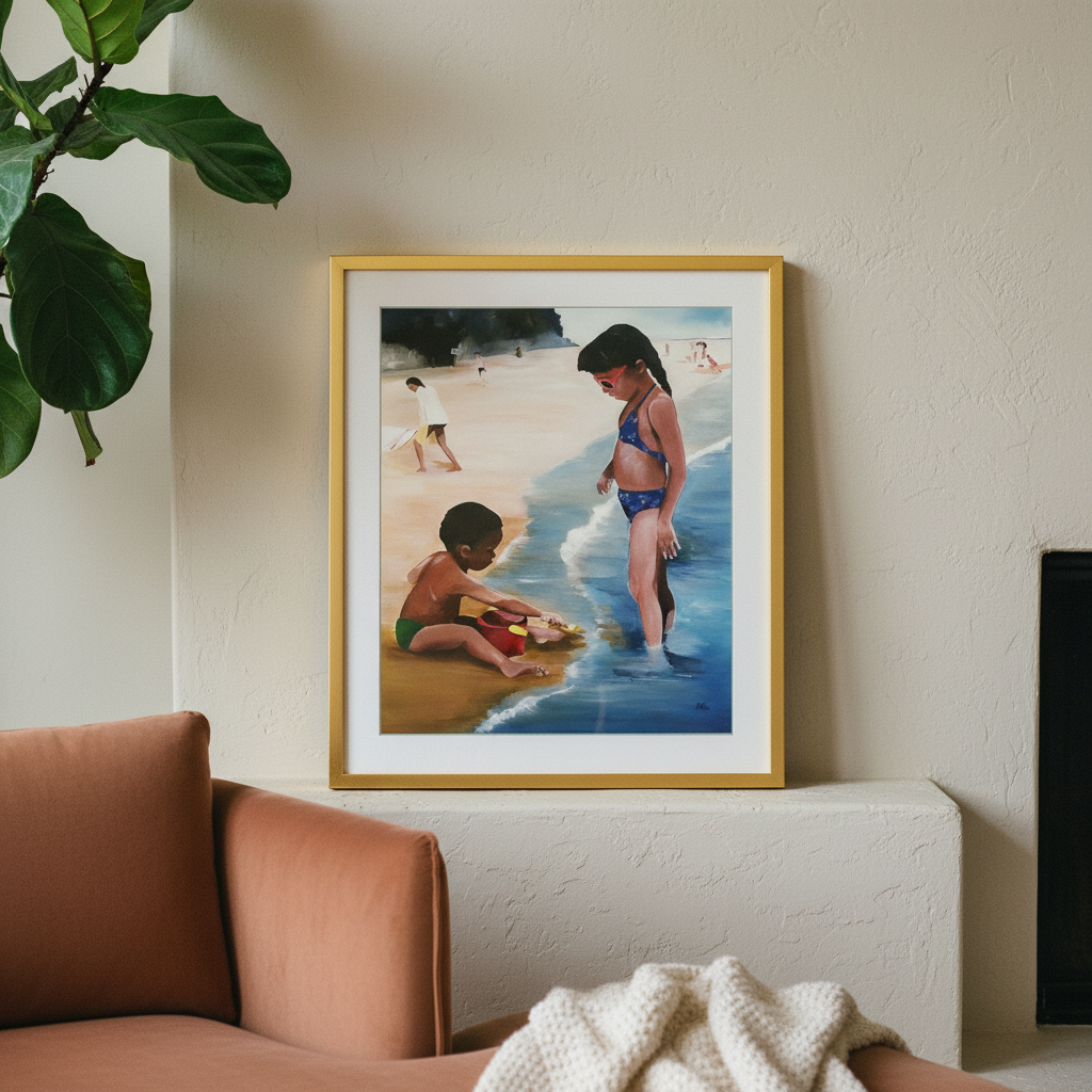 Black Children Beach Art Print | African American Family Wall Decor