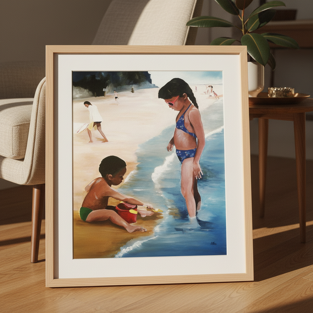 Black Children Beach Art Print | African American Family Wall Decor