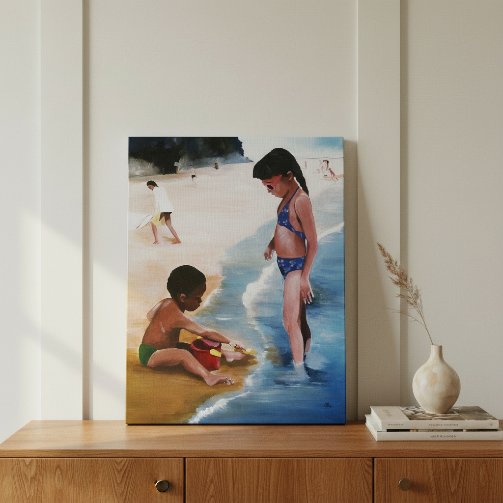 Mommy Said canvas print on sideboard — Black children beach coastal art on stretched canvas