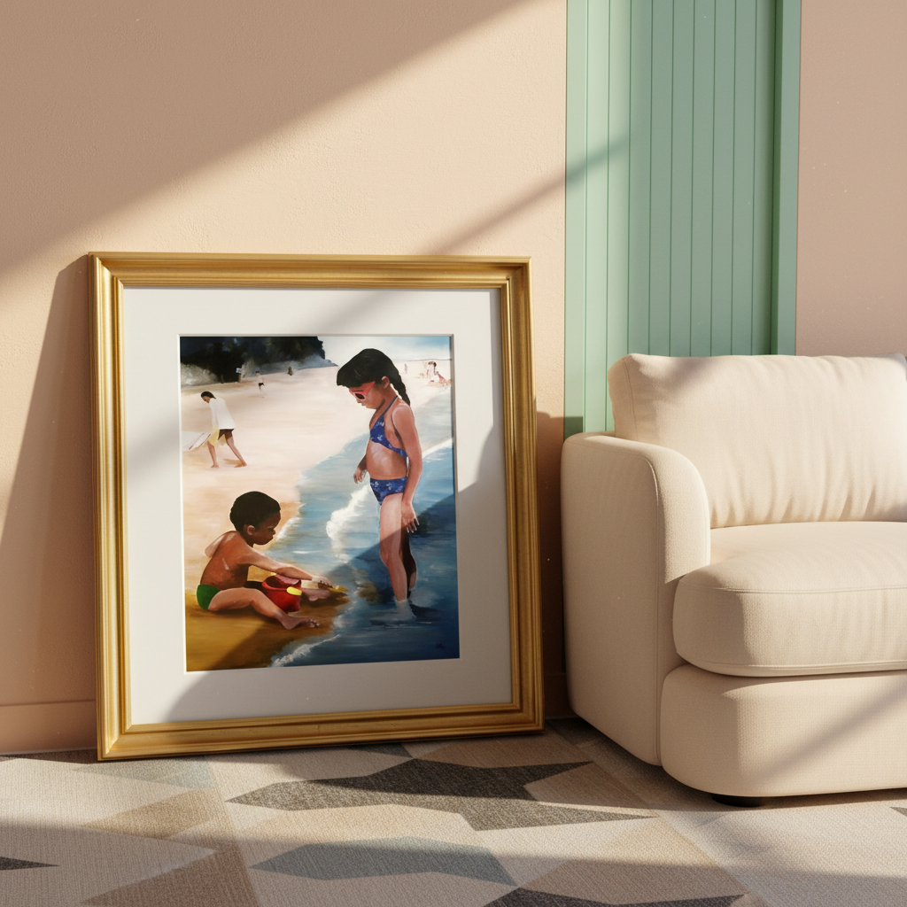 Framed artwork of two children at a beach in a living room setting.