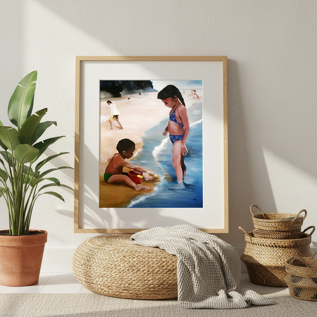 Black Children Beach Art Print | African American Family Wall Decor
