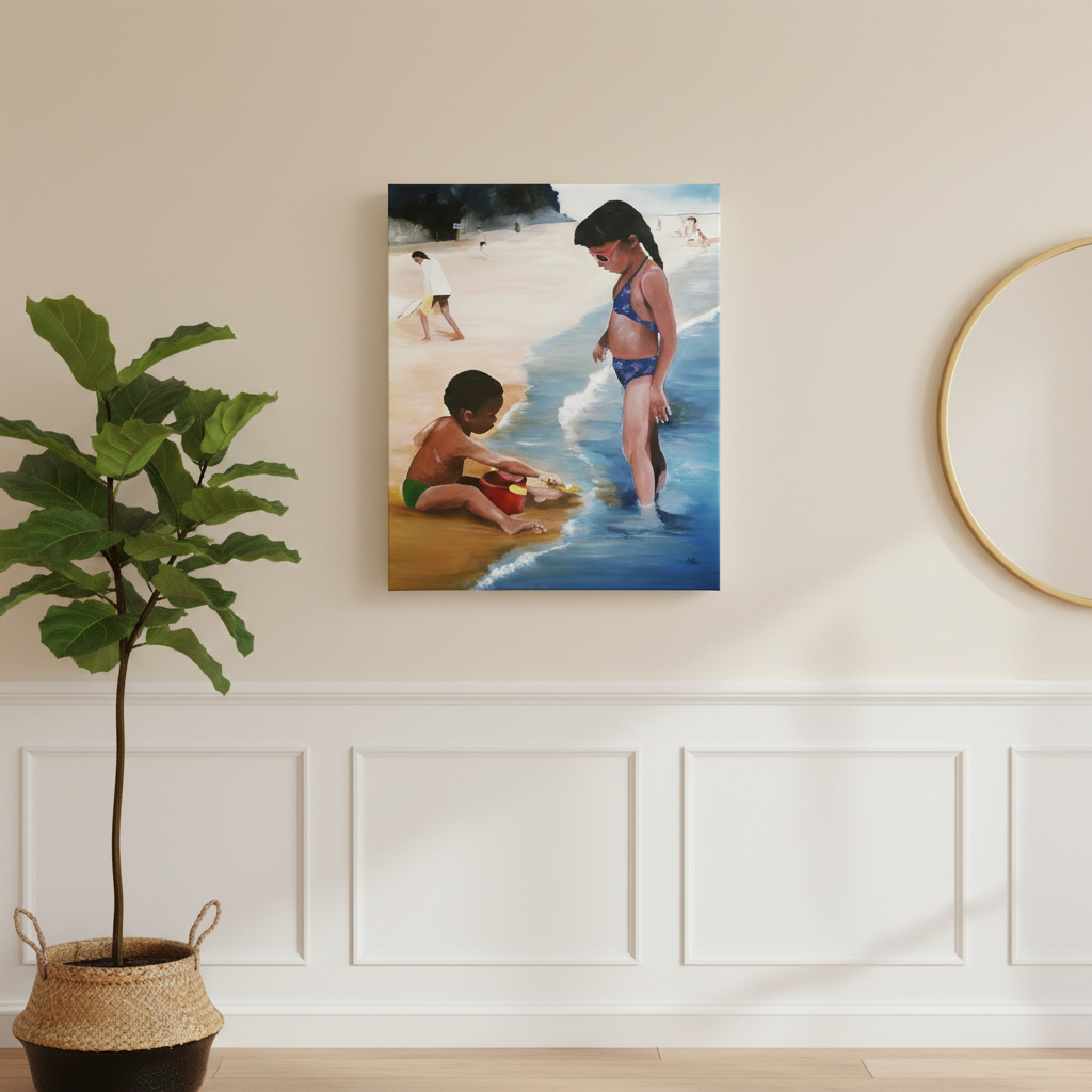 Mommy Said canvas print hung with wainscoting fiddle leaf and mirror — Black children beach art on canvas