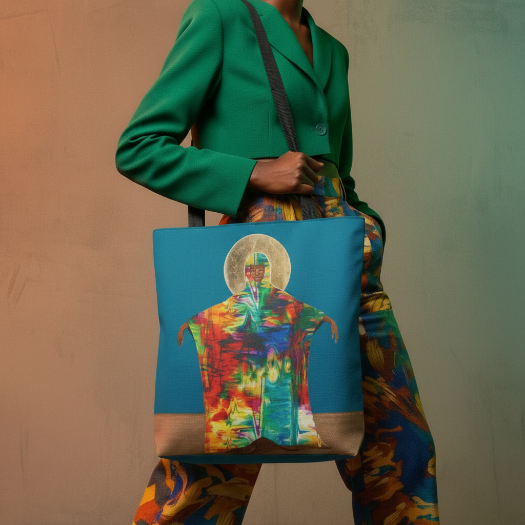 Spiritual Mother Earth Art Tote Bag worn in front of body showing teal design and size