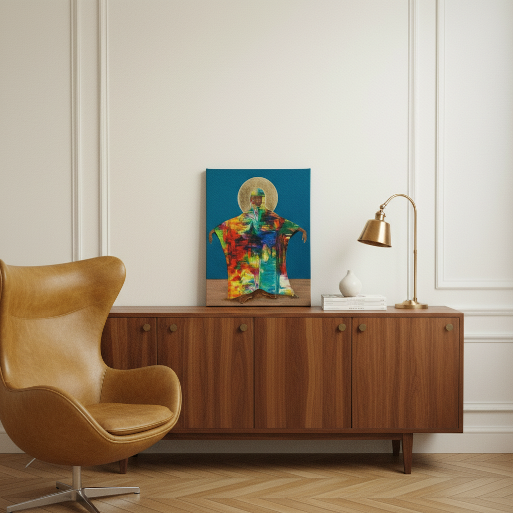 Mother Earth canvas print diagonal with Parisian chair in foreground — Afrocentric spiritual Black art