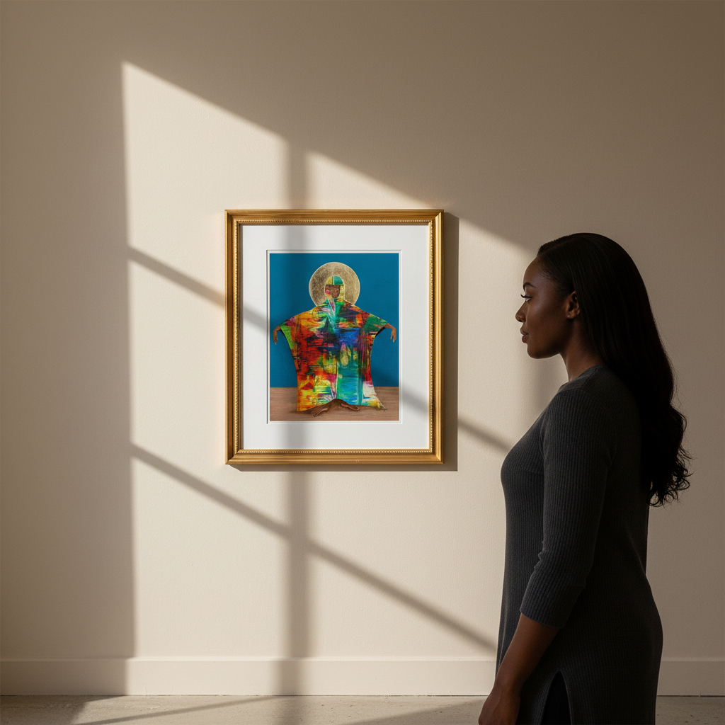 Woman looking at a colorful painting of a figure in a gold frame on a wall.