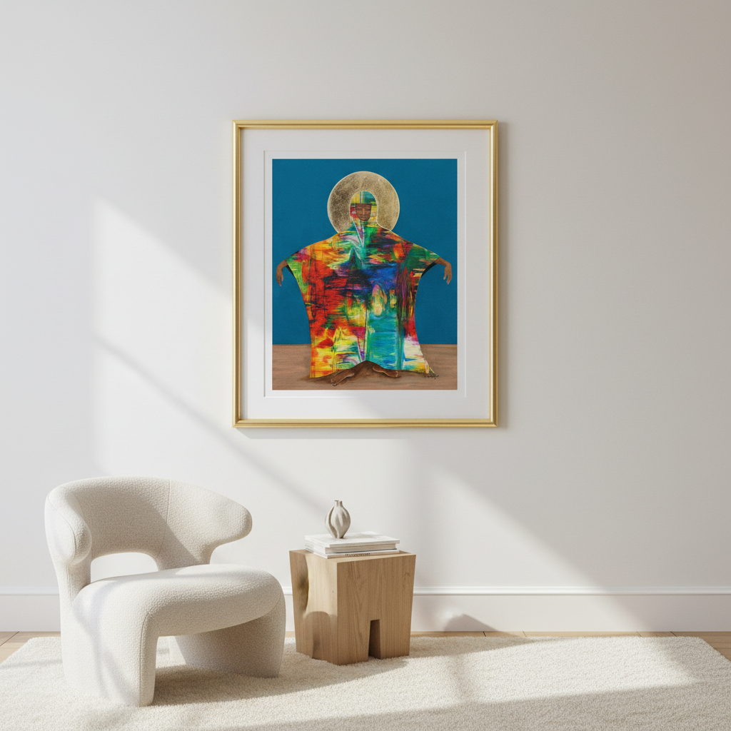 Colorful abstract painting of a figure in a gold frame on a white wall above a modern chair.