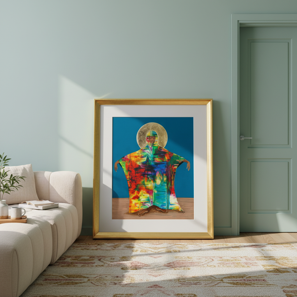Colorful abstract painting in a gold frame on a wall in a living room.