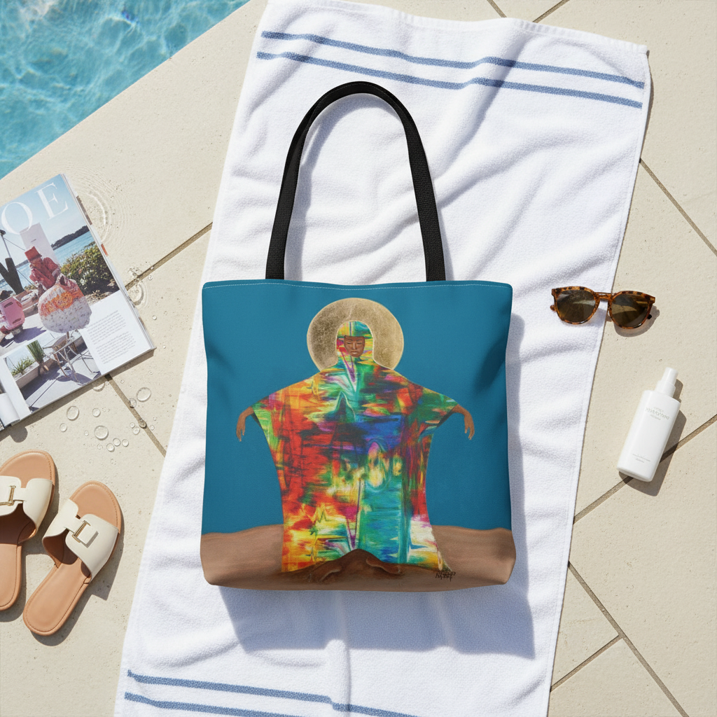 Mother Earth Art Tote Bag poolside flatlay — teal spiritual art bag with summer accessories