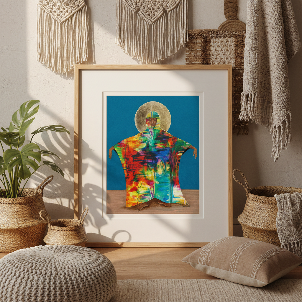 Framed colorful artwork on a wooden surface with decorative items in the background