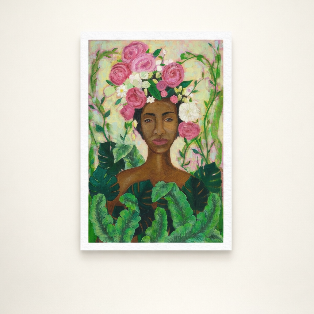 Black Woman Floral Crown Art Print | Afrocentric Wall Decor