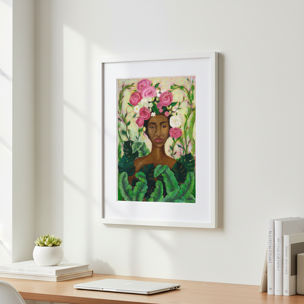 Framed Black Woman Nature Art | Floral Crown Wall Art Print