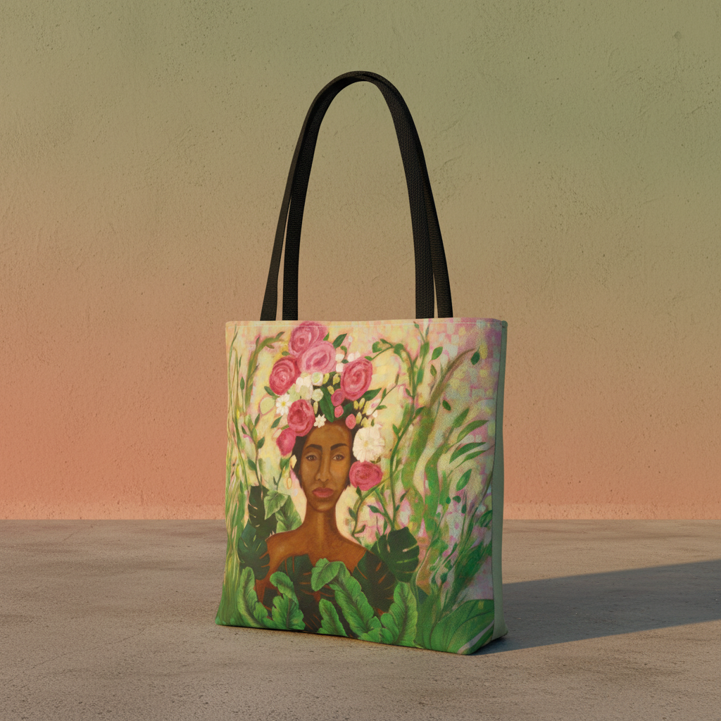 Mother Nature Art Tote Bag at a 3/4 angle showing the floral crown artwork and sage green side seams