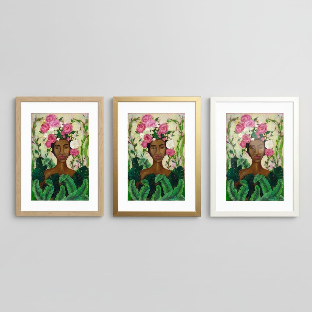 Framed Black Woman Nature Art | Floral Crown Wall Art Print