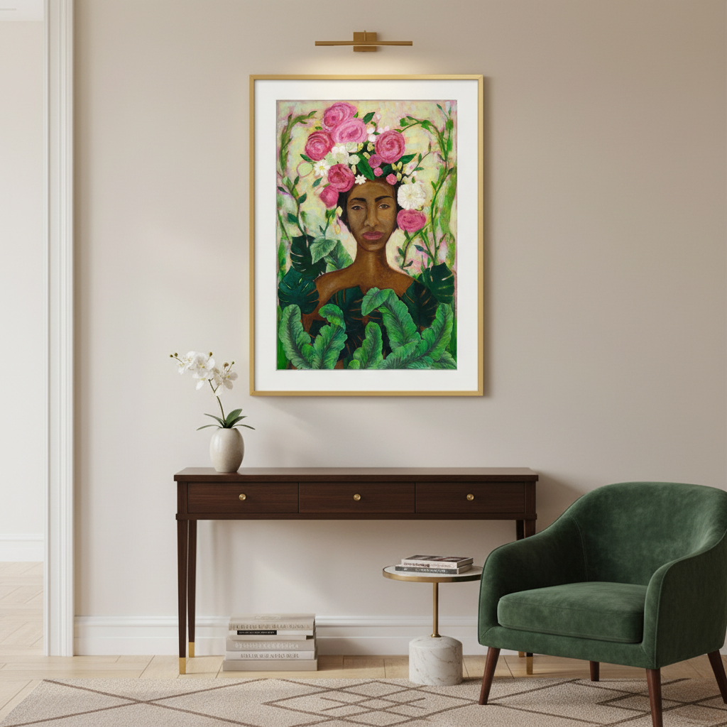 Framed artwork of a woman with flowers in a room with a console table and chair.