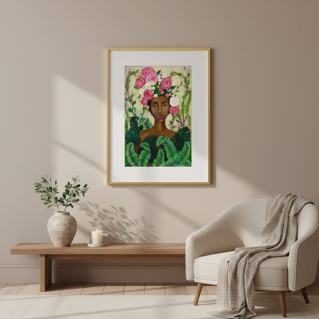 Framed artwork of a woman with flowers in a living room setting
