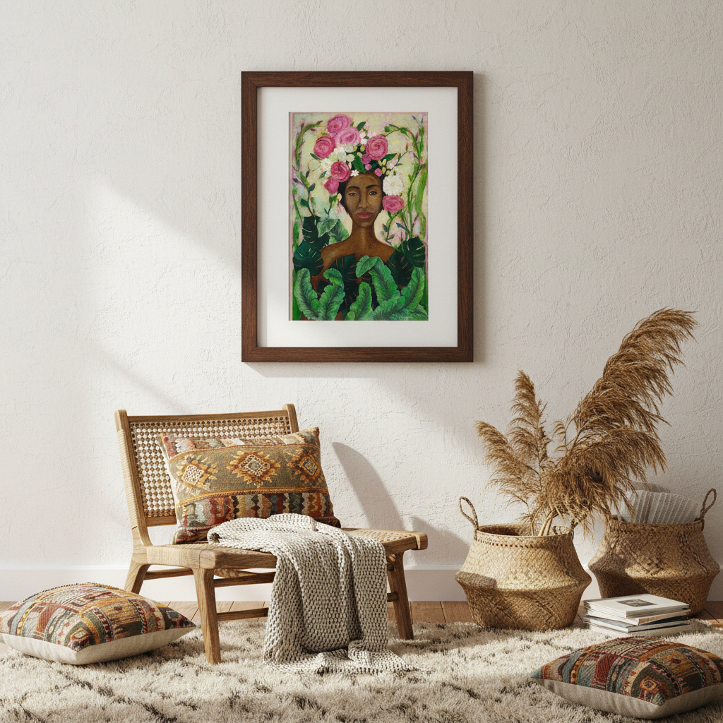 Black Woman Floral Crown Art Print | Afrocentric Wall Decor