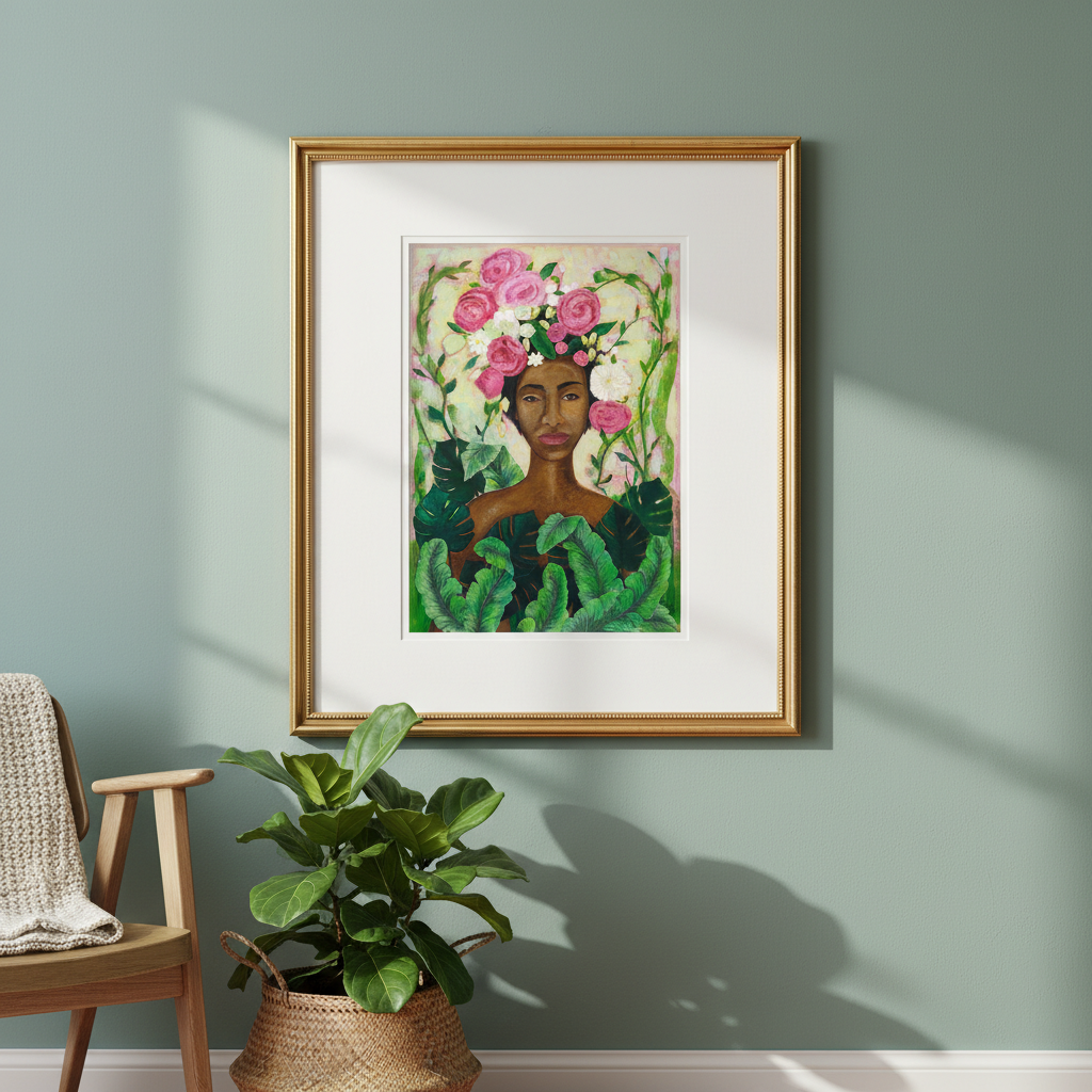 Framed artwork of a woman with flowers on a green wall, with a plant and chair in the foreground.