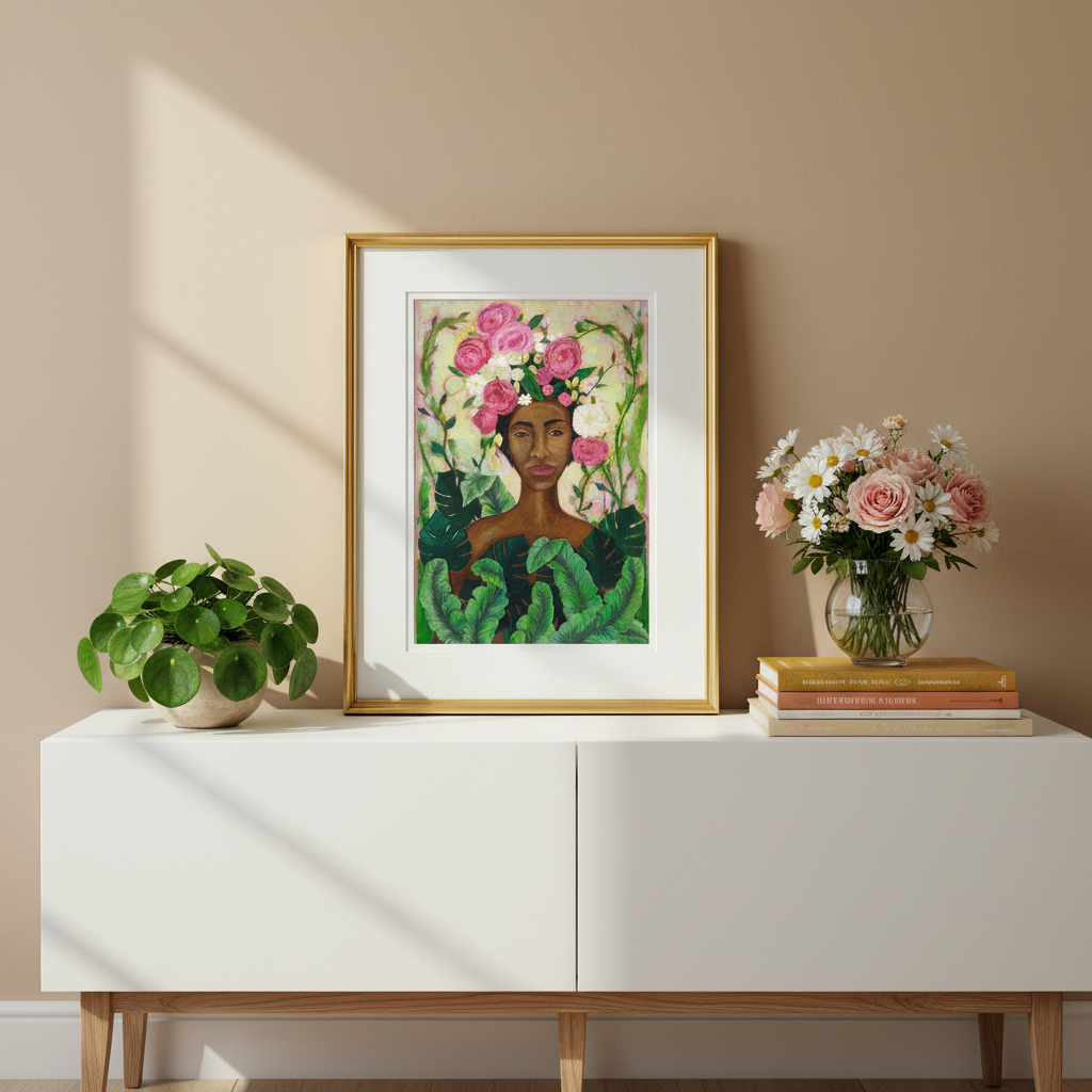 Framed artwork of a woman with flowers on her head, placed on a white cabinet with a vase of flowers and books.