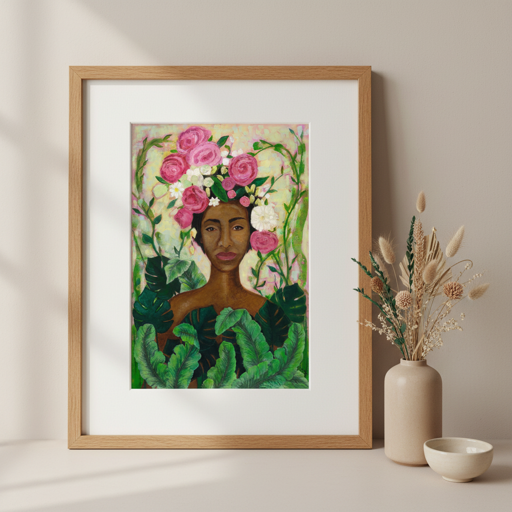 Black Woman Floral Crown Art Print | Afrocentric Wall Decor