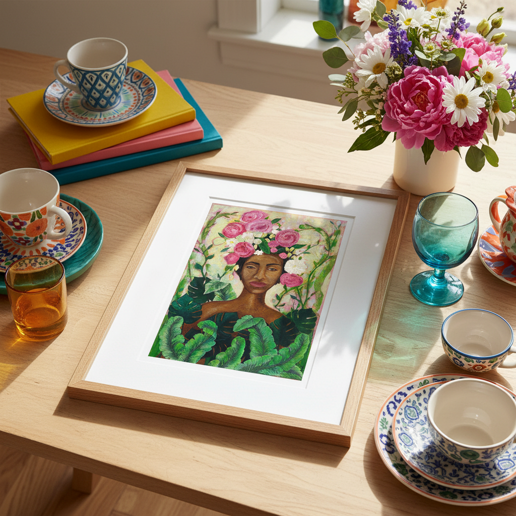 Black Woman Floral Crown Art Print | Afrocentric Wall Decor