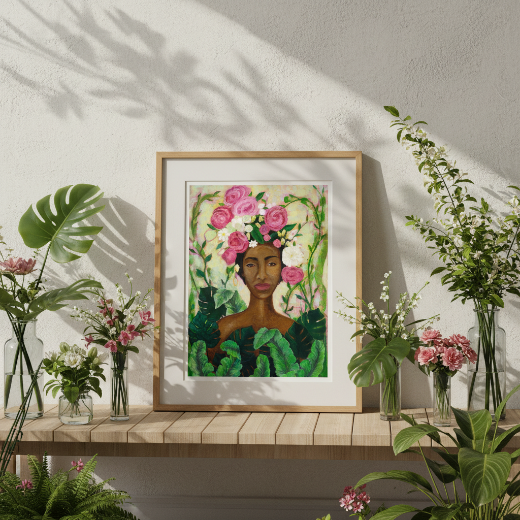 Framed artwork of a woman with flowers on a wooden shelf with plants
