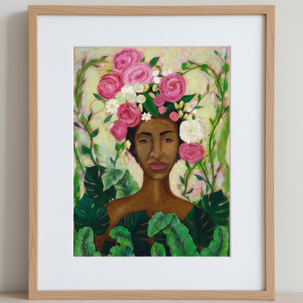 Framed Black Woman Nature Art | Floral Crown Wall Art Print