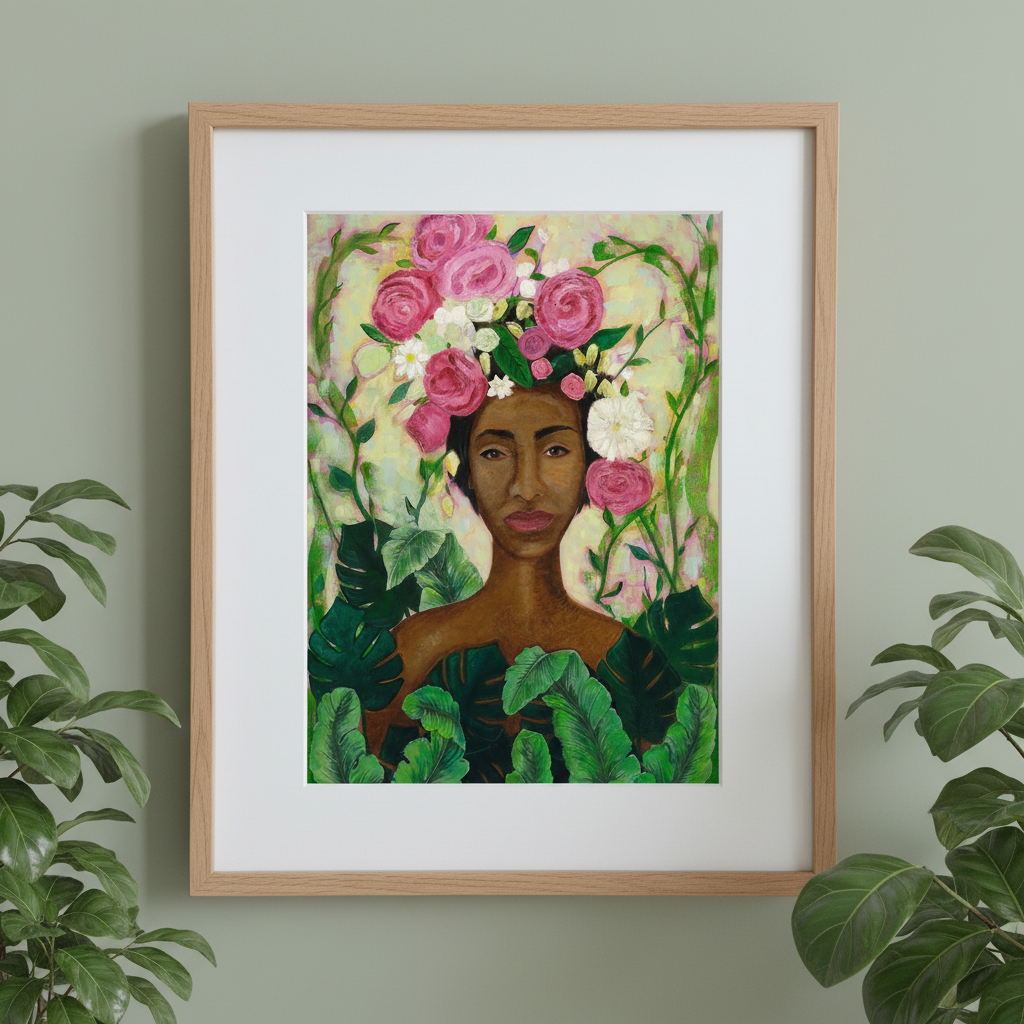 Framed artwork of a woman with floral headpiece and green leaves on a light green wall.