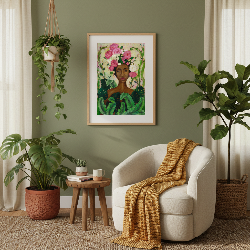 Framed Black Woman Nature Art | Floral Crown Wall Art Print