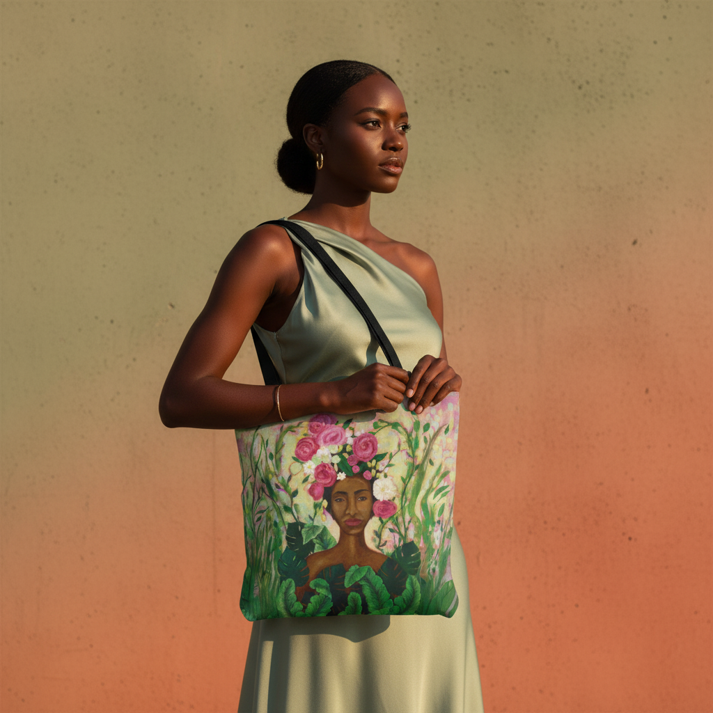 Close-up of hands gripping the black handles of the Mother Nature floral crown tote bag